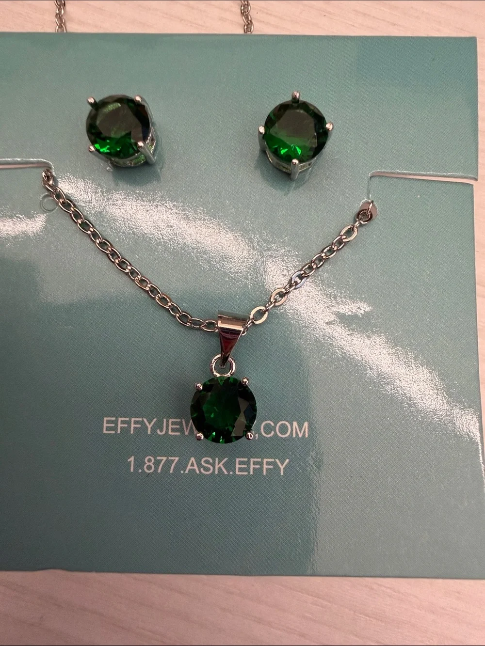 Sterling Silver 925 Effy Emerald Green Crystal Pendant Necklace w Matching Studs